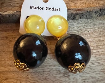 MARION GODART Paris Boucles D'Oreilles Boule Bois Noir Wooden Black Ball Clip-on Earrings French Designer Jewelry