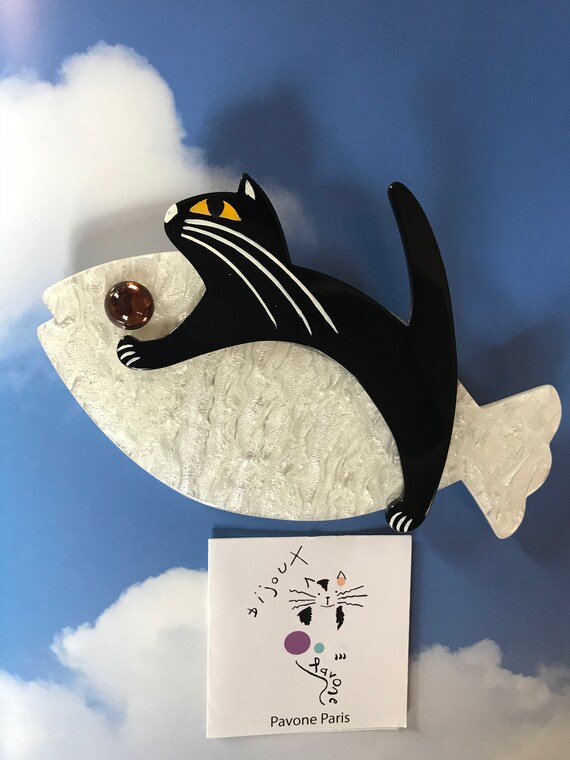 Marie Christine Pavone Broche Chat Sinbad Blanc Nacre Et Noir Etsy