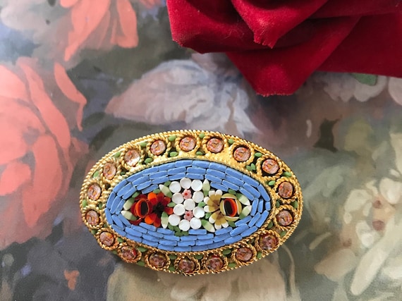 イタリア製マイクロモザイクブローチ ブルー＆フローラルタイル