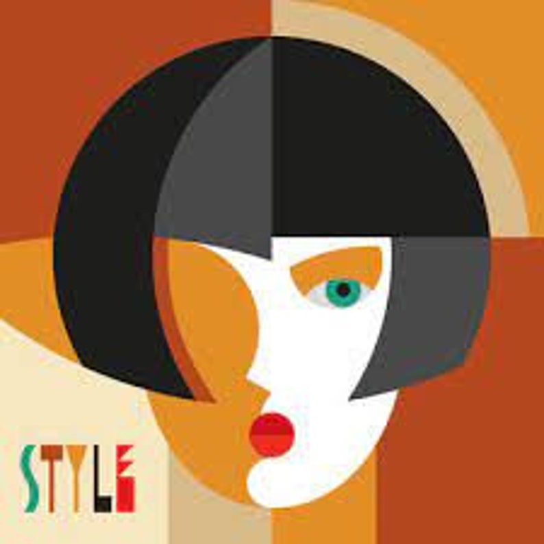 May include: A graphic illustration of a face with a black bob haircut, a single green eye, and red lips. The composition uses geometric shapes in shades of orange, brown, and cream. The word STYLE is printed in the bottom left corner in colourful letters.