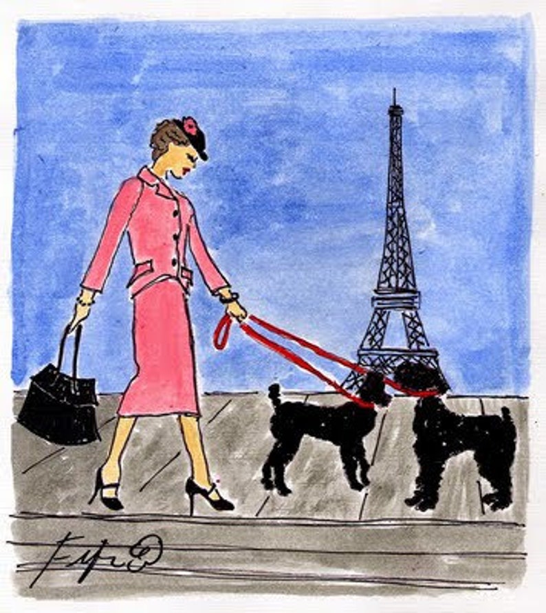 May include: Watercolor illustration of a woman in a pink suit walking two black dogs on red leashes in front of the Eiffel Tower. She carries a black handbag. The background is blue.