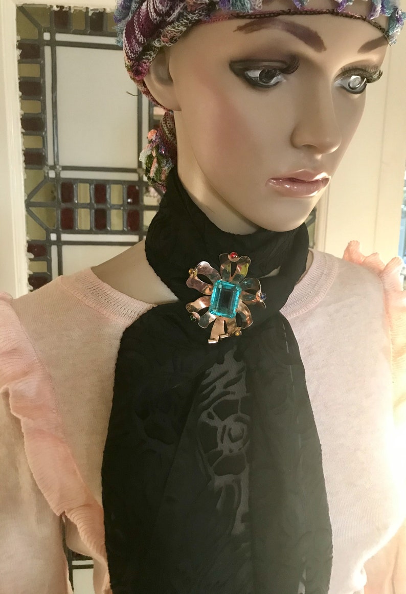 BROOKRAFT New York Signed Rose Gold Plated Sterling Silver Art Deco Brooch Aqua Blue Faceted Stone Colored Rhinestones Vintage 1930s-1940s