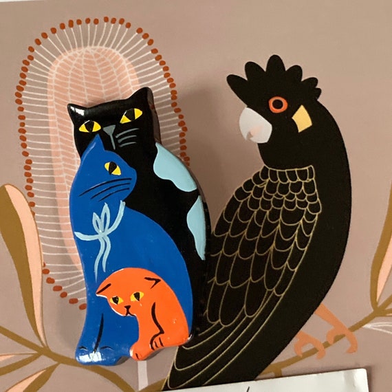 Marie Christine Pavone Broche Chat Famille Noir Bleu Orange Etsy