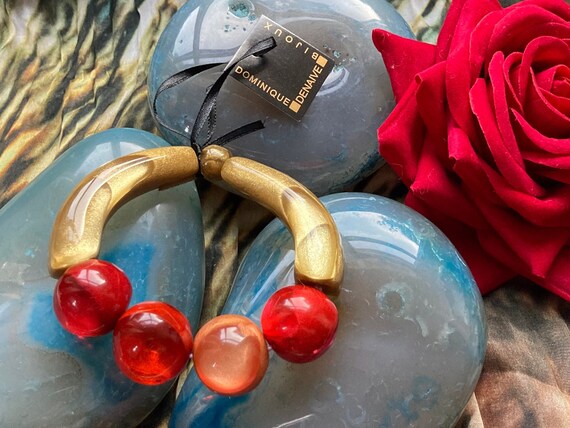 Haute couture dominique denaive DOMINIQUE DENAIVE Paris French Haute Couture Handmade Multi-color Red, Pink and Gold Resin Elastic Marble Bracelet French Designer Jewelry