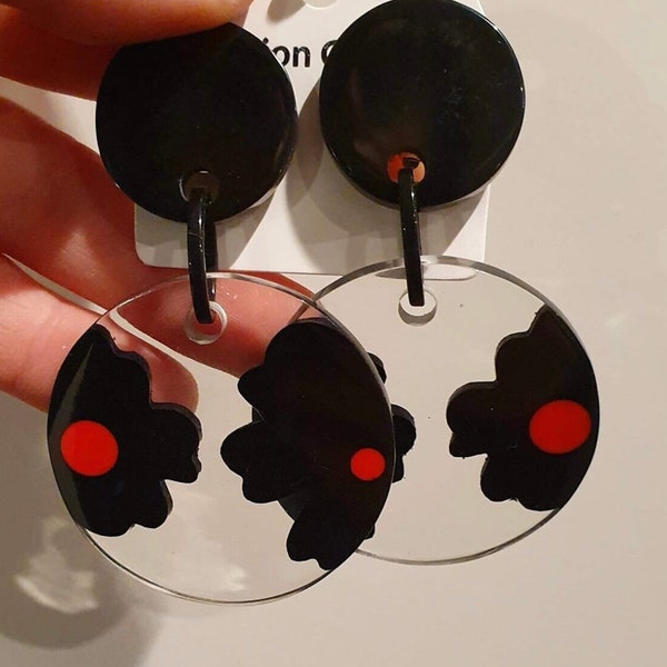 MARION GODART Paris Boucles D'Oreilles Disques Clair Fleurs Clear Resin Black and Red Flower Clip-on Earrings French Design Costume Jewelry