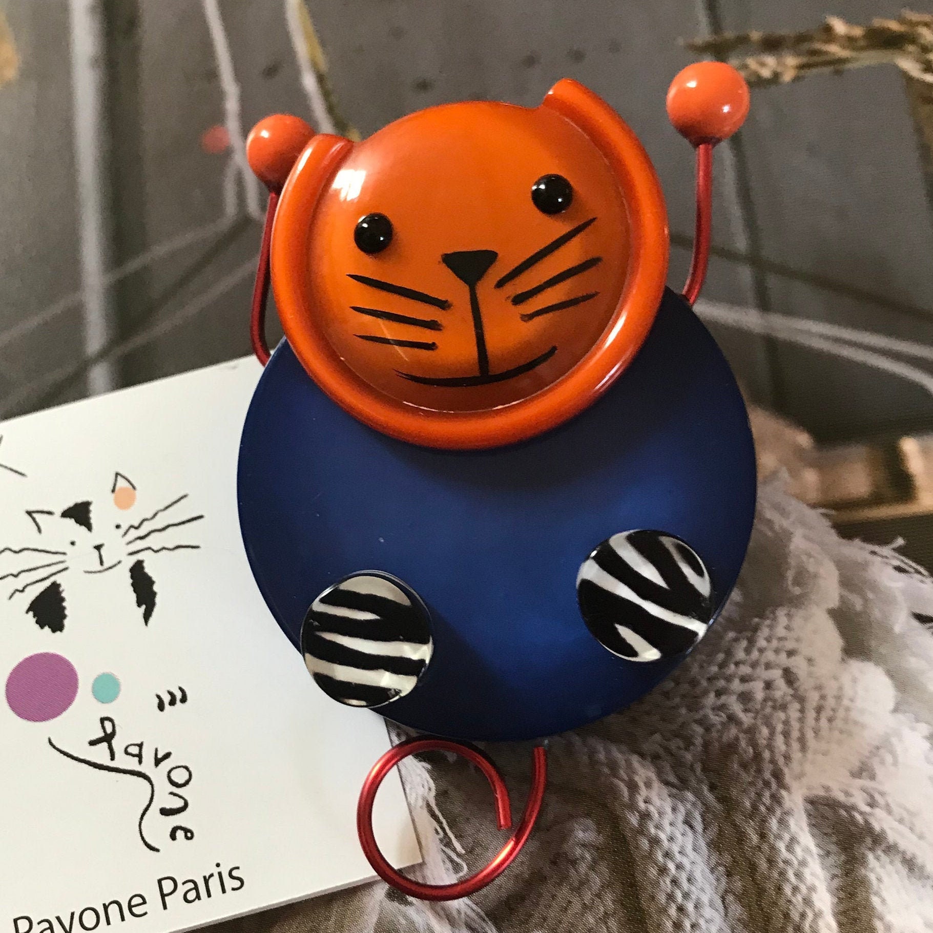 Marie-christine PAVONE Broche Chat Pao Bleu Orange Handmade