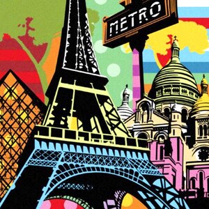 May include: A colorful illustration of the Eiffel Tower and the Sacr&eacute;-C&oelig;ur Basilica in Paris, France. The image features a bright blue sky, green trees, and a yellow and red striped background. The text "METRO" is displayed on a black sign.