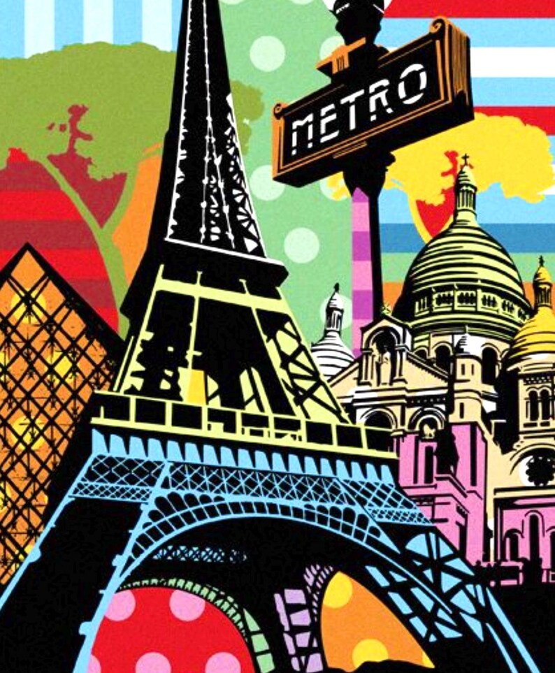 May include: A colorful illustration of the Eiffel Tower and the Sacr&eacute;-C&oelig;ur Basilica in Paris, France. The image features a bright blue sky, green trees, and a yellow and red striped background. The text "METRO" is displayed on a black sign.