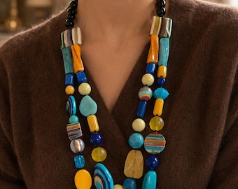 MARION GODART Paris Collier Exubérant Multicouleur Blue Knotted 2 Strand Multi Beaded Colorful Resin Necklace French Designer Jewelry