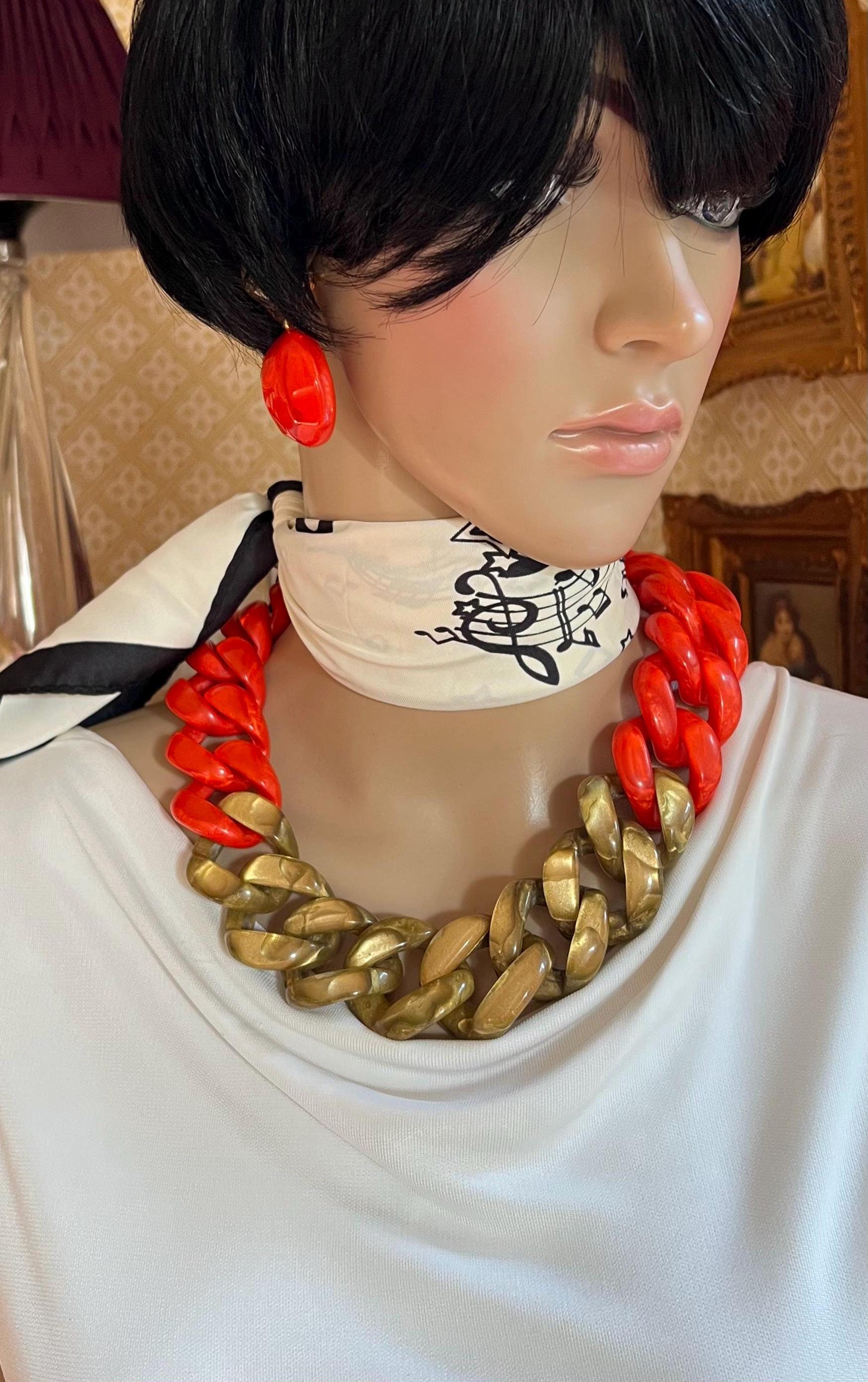 Collier Sautoir Vintage Dominique Denaive - Coloris Argenté/orange Résine, Matière Alliage, Occasion