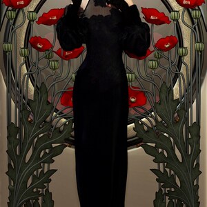 May include: A woman in a black dress with a floral headband stands in front of a decorative art nouveau style background with red poppy flowers.