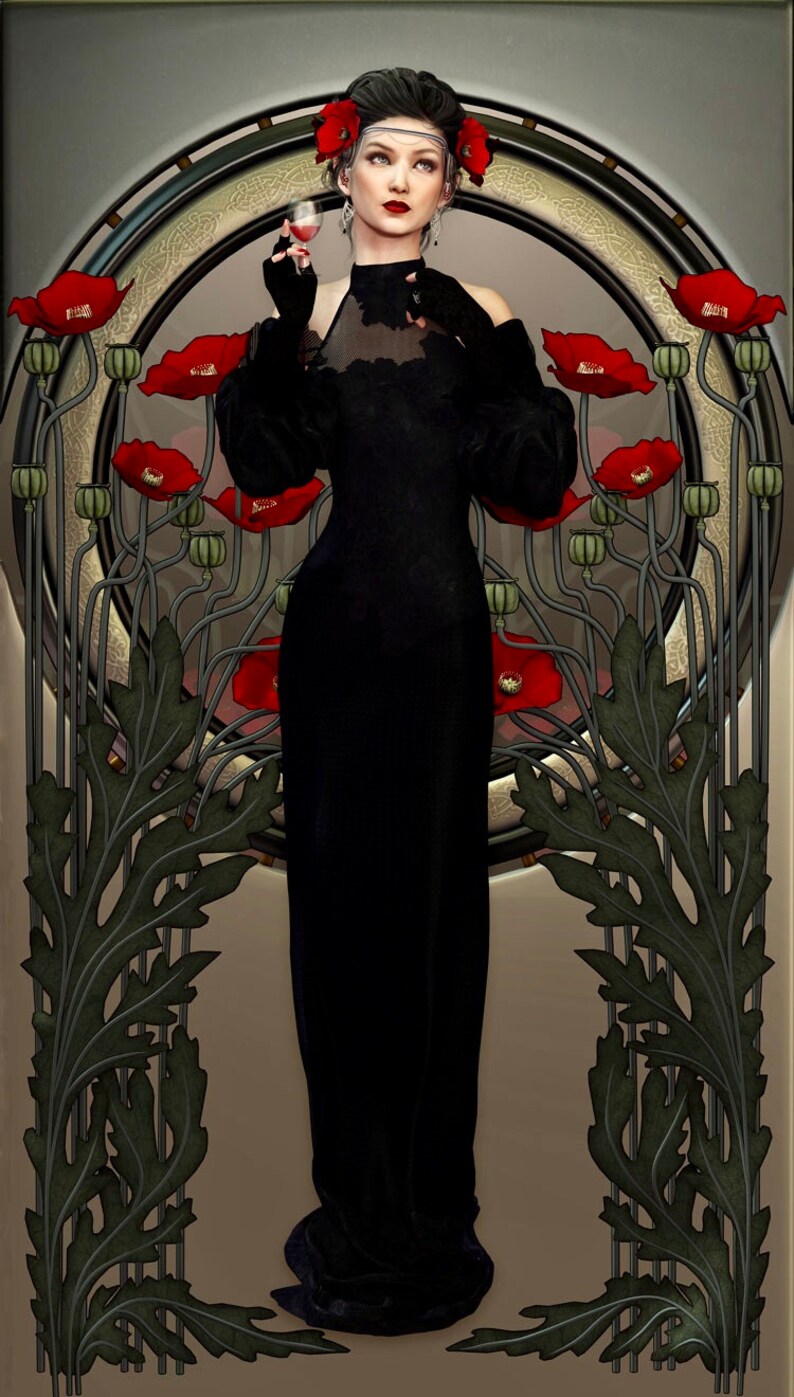 May include: A woman in a black dress with a floral headband stands in front of a decorative art nouveau style background with red poppy flowers.