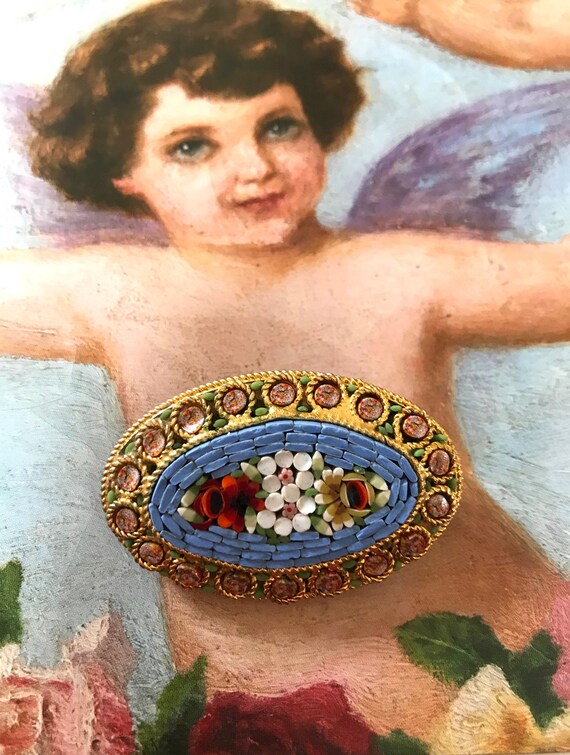 イタリア製マイクロモザイクブローチ ブルー＆フローラルタイル