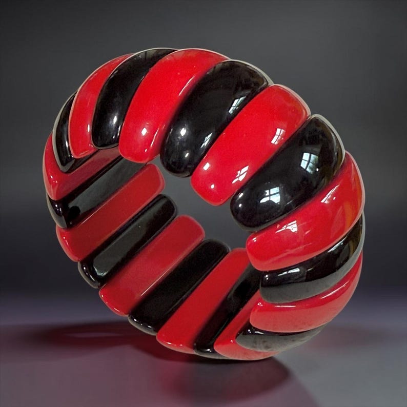 MARION GODART Paris Bracelet Élastiqué Tranches Résine Rouge et Noir Black and Red Slices Bracelet French Design Costume Jewelry image 8