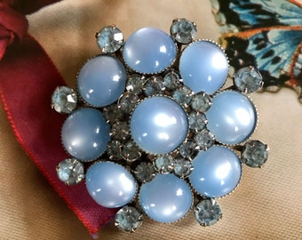 JUDY LEE Spring Brooch Pin Signed Ice Blue Moonglow Cabs & Rhinestones Silver Metal 2 1/4" Vintage 1960s