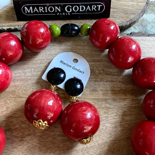 MARION GODART Paris Collier Perles de Bois Grande Extravagant shops Round Extra Large Red Wooden Beads Necklace French Designer Jewelry