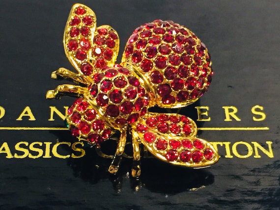 Joan Rivers Signed Bee Brooch, Red Rhinestones, Jo