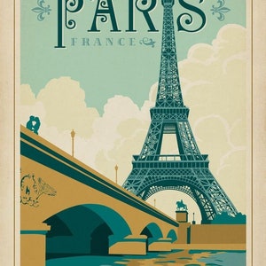 May include: A vintage travel poster featuring the Eiffel Tower in Paris, France. The poster has a teal and gold color scheme and depicts the Eiffel Tower with a bridge in the foreground and a blue river.