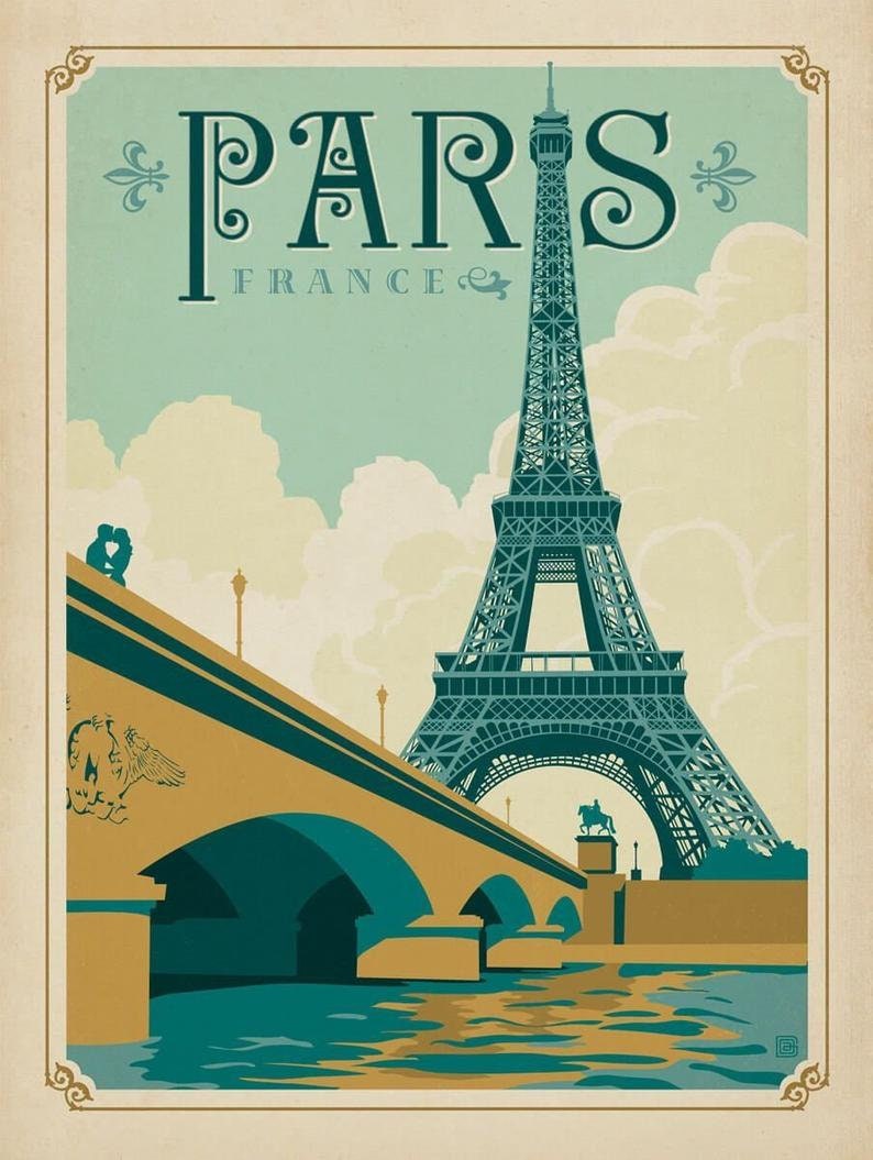 May include: A vintage travel poster featuring the Eiffel Tower in Paris, France. The poster has a teal and gold color scheme and depicts the Eiffel Tower with a bridge in the foreground and a blue river.