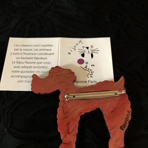 May include: A red and brown poodle-shaped brooch with a silver pin. The brooch has a marbled effect and is set against a dark background. A small card with French text is visible.