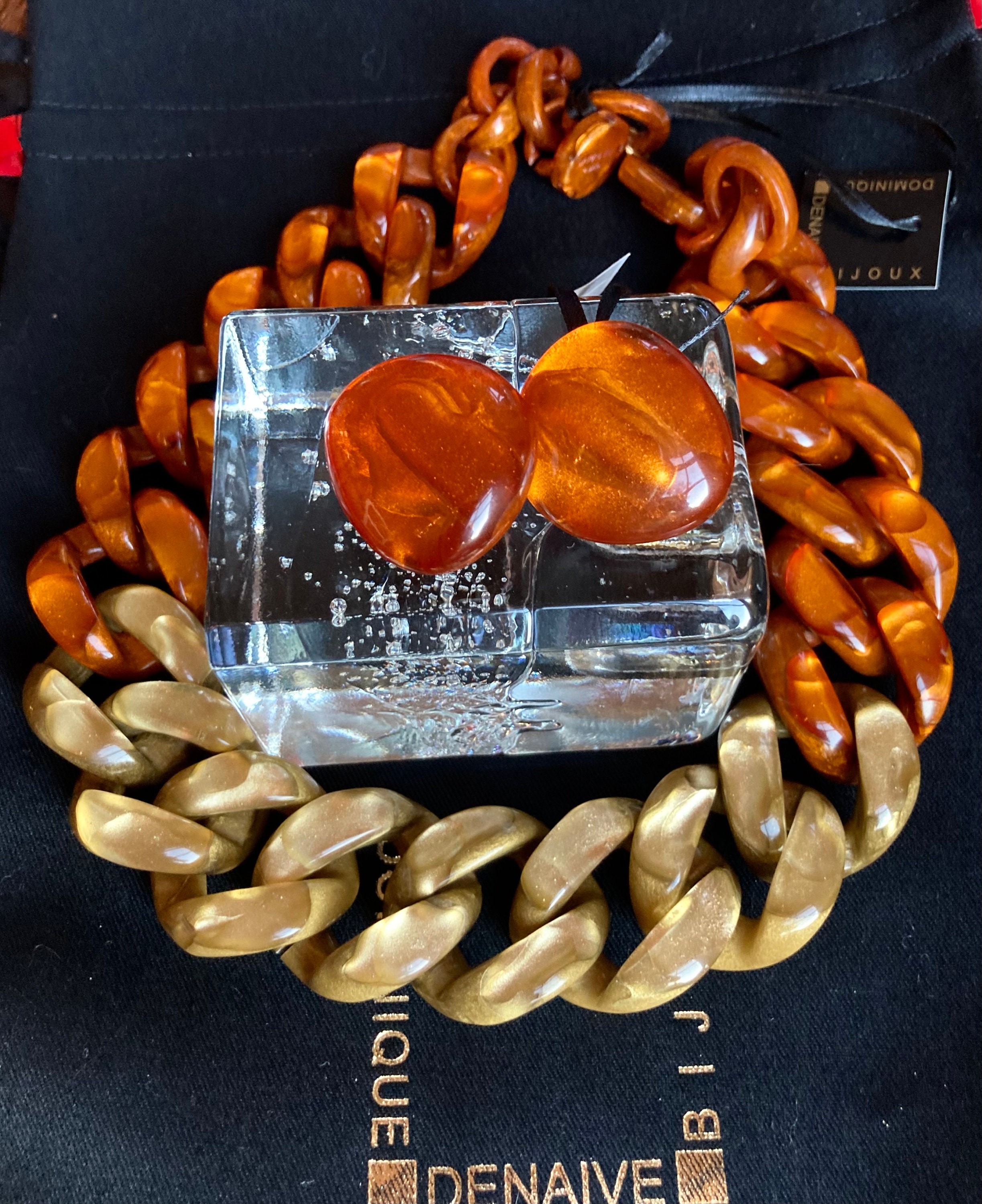 Collier Sautoir Vintage DOMINIQUE DENAIVE - Argenté Et Résine Orange - Rétro - Occasion