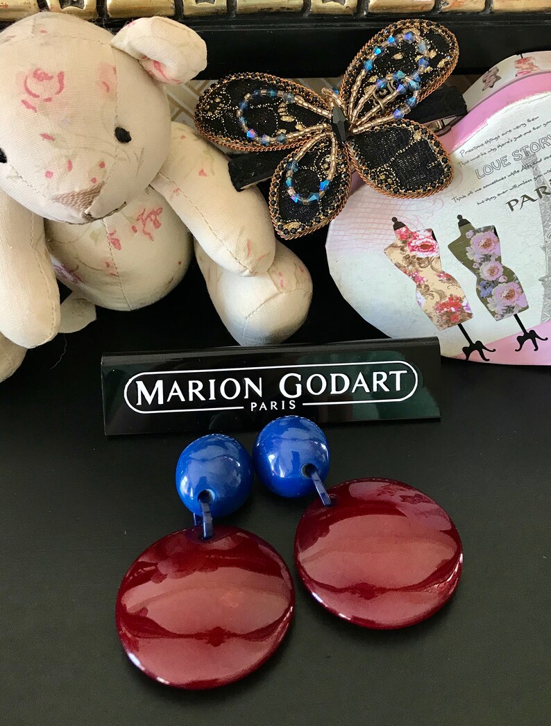 MARION GODART Paris Boucles D'Oreilles Disque Rouge Foncé Dark Red Art Glass Resin Clip-on Earrings French Design Costume Jewelry image 7