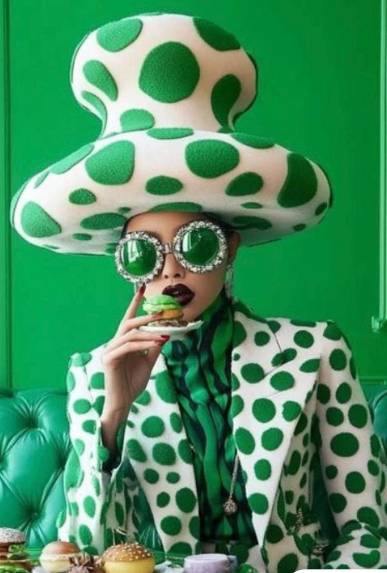 May include: A person wearing a white and green polka dot suit with a large green and white polka dot mushroom hat and green rhinestone sunglasses. The person is holding a small green cupcake.