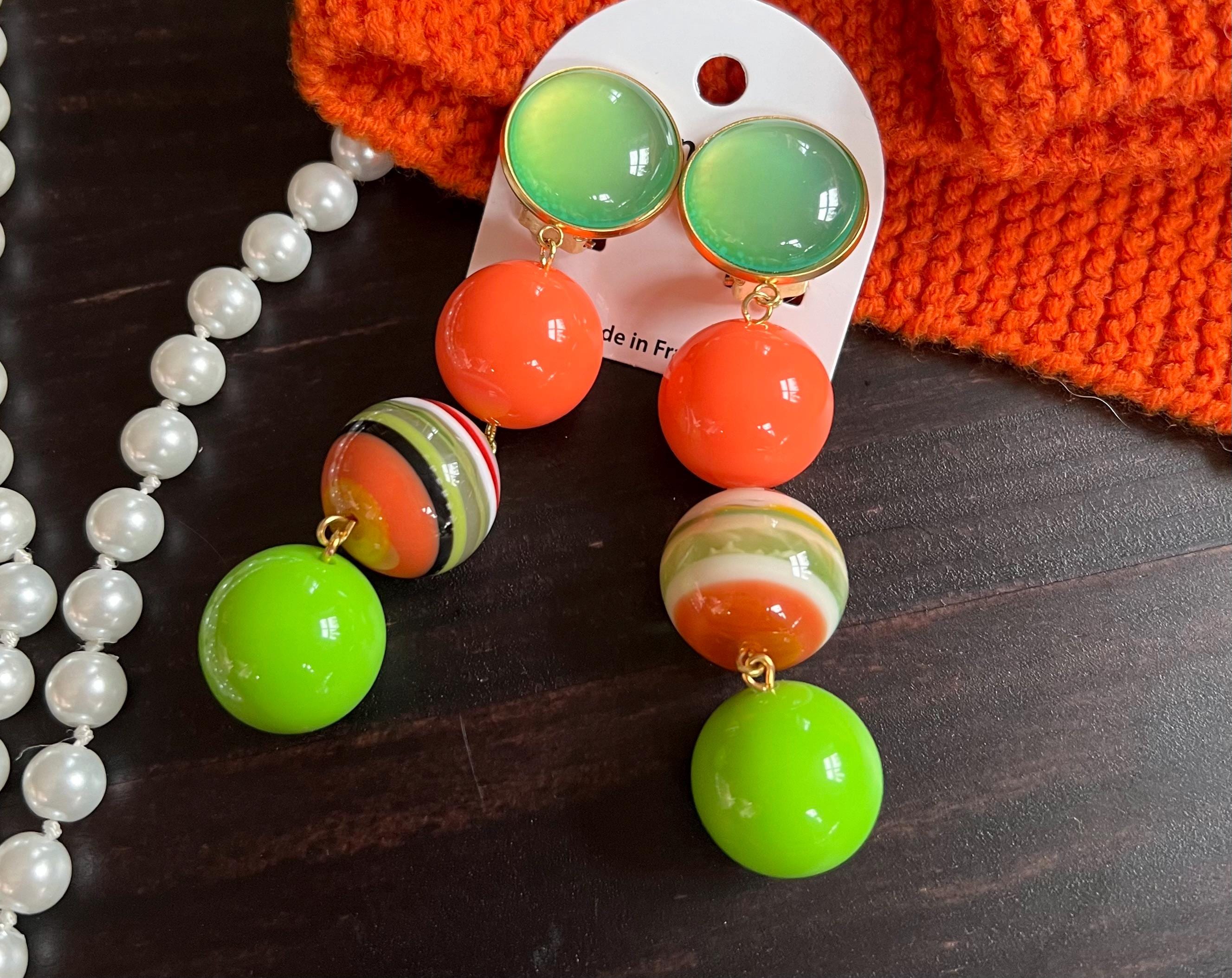 Boucles D'oreilles Clips TARATATA - Doré Et Orange - Perles Fantaisie - Occasion