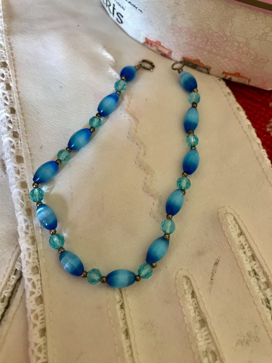 Sweet Blue Cats Eye Bracelet Sterling Silver Beaded Link Style | Etsy