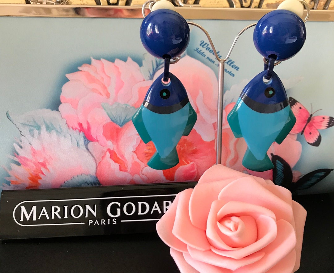 MARION GODART Paris Boucles D'oreilles Résine Poisson Tropicale Bleu De