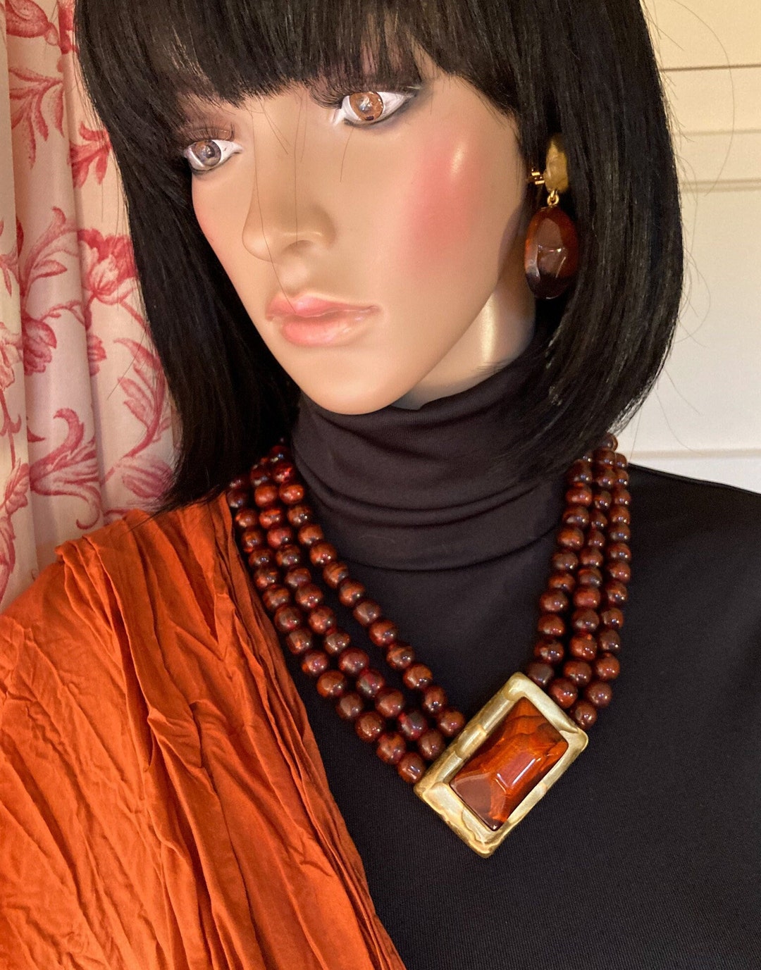Collier Sautoir Vintage Dominique Denaive - Coloris Argenté/orange Résine, Matière Alliage, Occasion