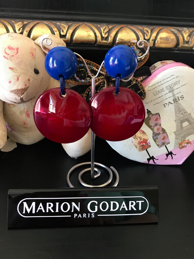 MARION GODART Paris Boucles D'Oreilles Disque Rouge Foncé Dark Red Art Glass Resin Clip-on Earrings French Design Costume Jewelry image 2