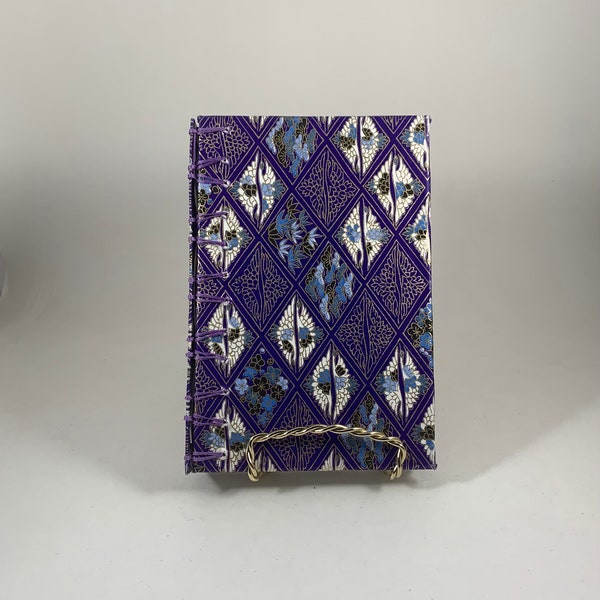 Unlined purple cranes yuzen paper cover Secret Belgian binding white text paper journal, sketchbook, notebook, maroon, 90 lb sulphite paper