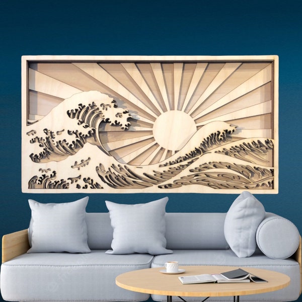 MIAGILASER Wood Mandala, Beach Sunrise Mandala, Large, 47" x  23.5", Wave, 3D, Multi-layered Wall Decor, Multi-layered Wall Art, Home Decor,