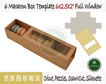 Template of box for macaron with sleeve, window and 6 section insert (6"x2.5"x2")