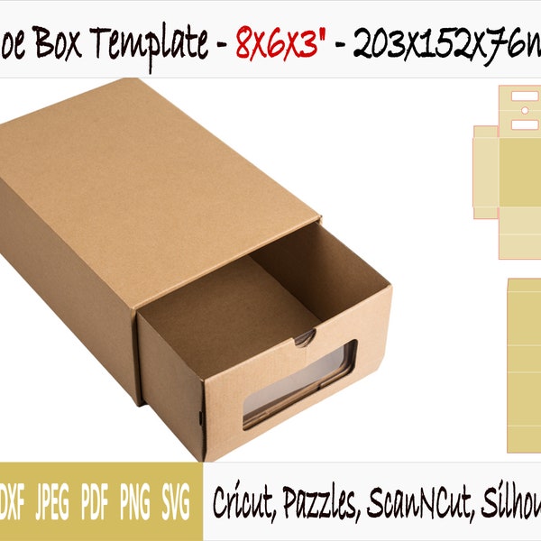 Template of shoe box with sleeve and window (8"x6"x3")