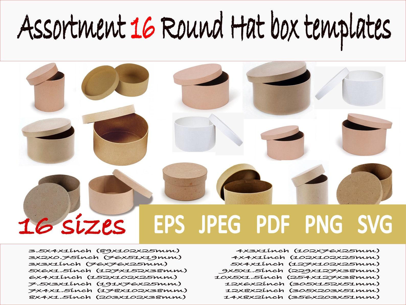 Assortment Round Hat Box Template 16 Sizes PDF SVG Eps PNG Jpg Etsy