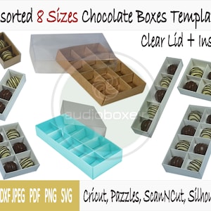 Modèles de boîtes pour chocolats avec couvercle transparent et insert - 8 tailles