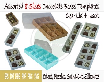 Templates of box for chocolate with clear lid and insert - 8 sizes