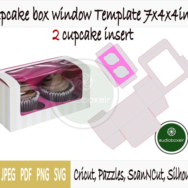 Gabarit de boîte à cupcakes avec fenêtre et insert à 2 trous (7 x 4 x 4 po.)