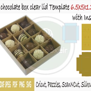 Plantilla de caja para chocolate con tapa transparente y compartimento de 12 compartimentos (6,5" x 5" x 1,25")
