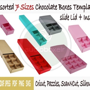 Templates of 7 sizes of box with lid + insert for chocolates