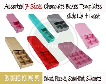 Templates of 7 sizes of box with lid + insert for chocolates