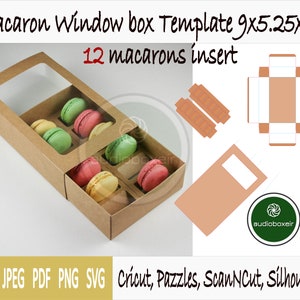Template of box for macaron with sleeve, window and 12 section insert (9&quot;x5.25&quot;x2&quot;)