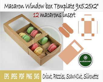 Template of box for macaron with sleeve, window and 12 section insert (9"x5.25"x2")