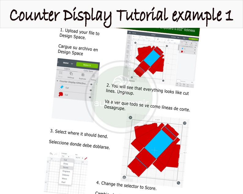 May include: A tutorial on how to create a counter display using a design software. The image shows a red and blue design with instructions in both English and Spanish.
