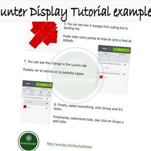 May include: A tutorial on how to create a counter display using a design software. The image shows a red shape that has been folded and a screenshot of the software's interface. The text in the image reads "Counter Display Tutorial example 2", "You can see how it changes from cutting line to bending line", "Puede notar como cambia de linea de corte a linea de doblado", "You can see the change in the Layers tab", "Puedes ver el cambio en la pesta&ntilde;a Capas", "Finally, select everything, click Group and it's done", "Finalmente, selecciona todo, das click en Grupo y est&aacute; listo".
