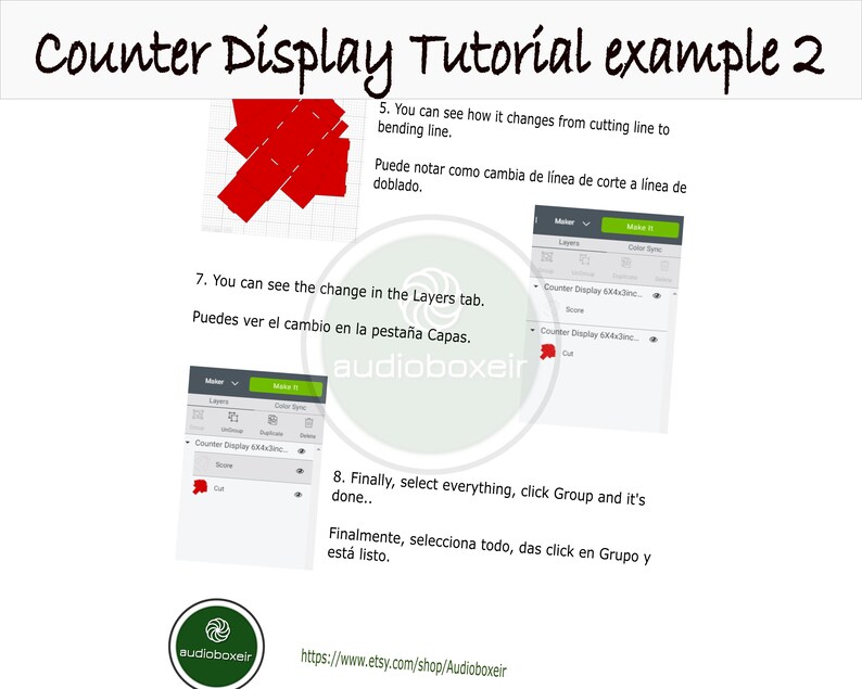 May include: A tutorial on how to create a counter display using a design software. The image shows a red shape that has been folded and a screenshot of the software's interface. The text in the image reads "Counter Display Tutorial example 2", "You can see how it changes from cutting line to bending line", "Puede notar como cambia de linea de corte a linea de doblado", "You can see the change in the Layers tab", "Puedes ver el cambio en la pesta&ntilde;a Capas", "Finally, select everything, click Group and it's done", "Finalmente, selecciona todo, das click en Grupo y est&aacute; listo".
