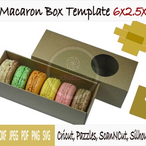 Plantilla de caja para macaron con manga, ventana redonda e inserto de 6 secciones (6"x2.5"x2")