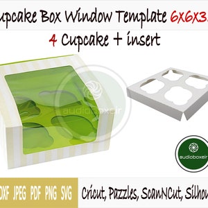 Template of box for cupcake with window and 4 section insert (6&quot;x6&quot;x3.5&quot;)